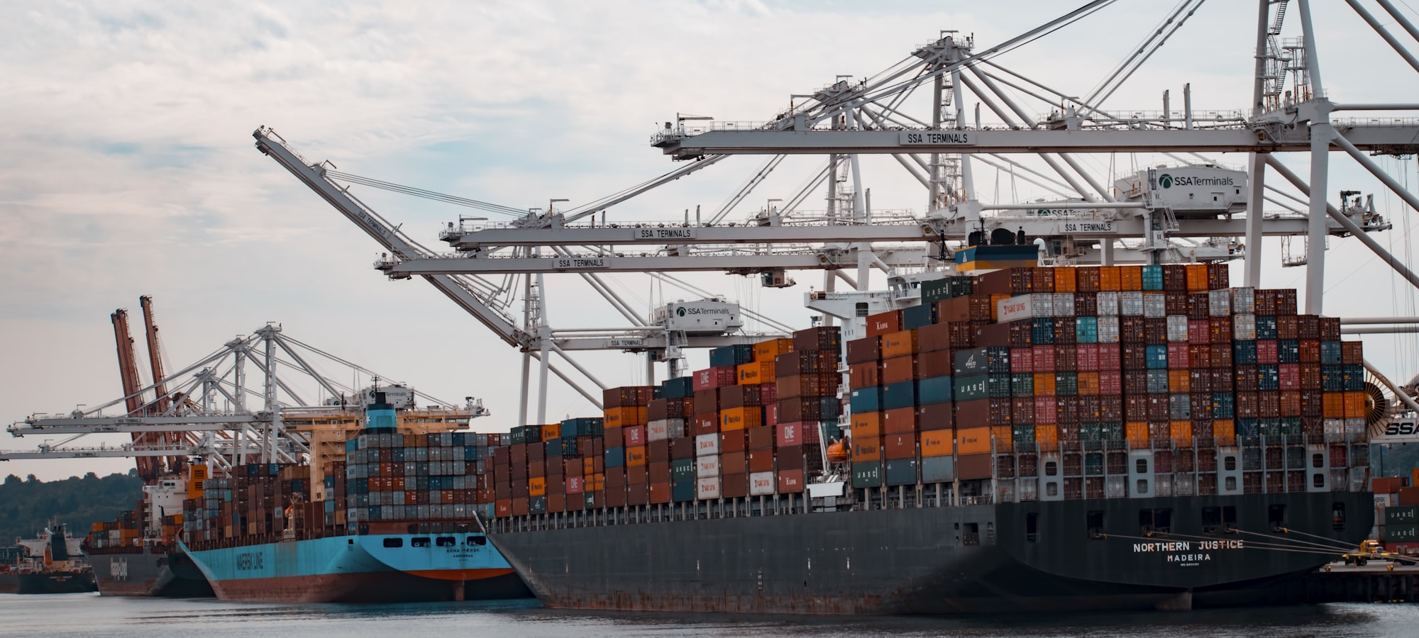 Containerschiffe an einem Terminal, darüber die Portalkräne